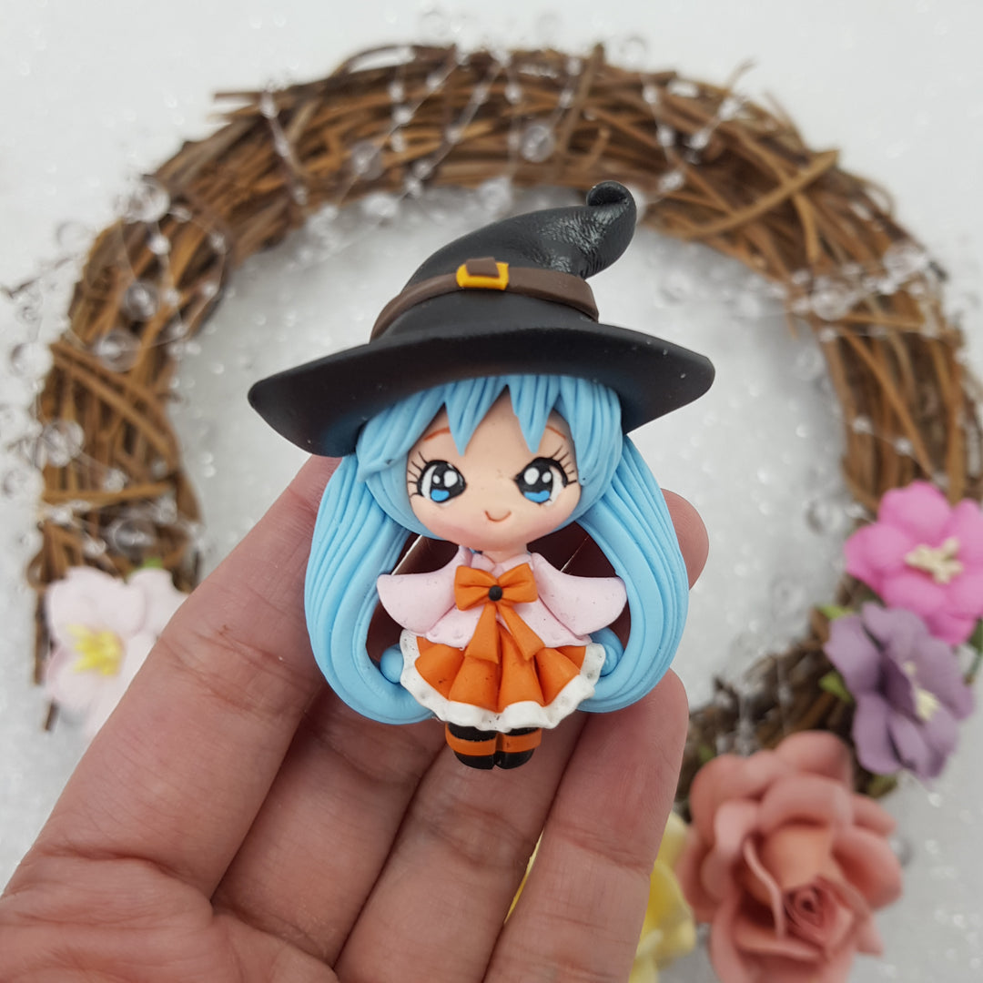 MAX 5 EACH PERSON Cutie blue hair witch - Handmade Flatback Clay Bow Centre