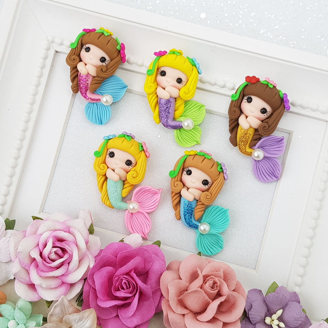 Colourful Spring Mermaid - Handmade Flatback Clay Bow Centre