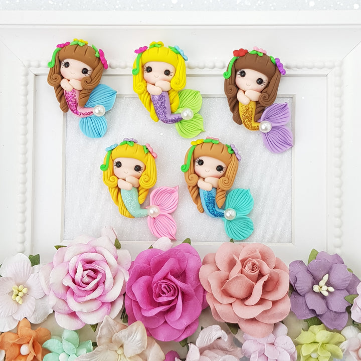 Colourful Spring Mermaid - Handmade Flatback Clay Bow Centre