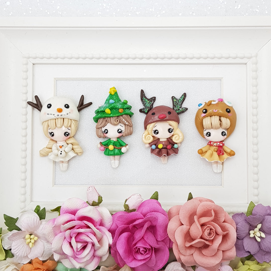 Cute Dressing Up Christmas Girls - Handmade Flatback Clay Bow Centre