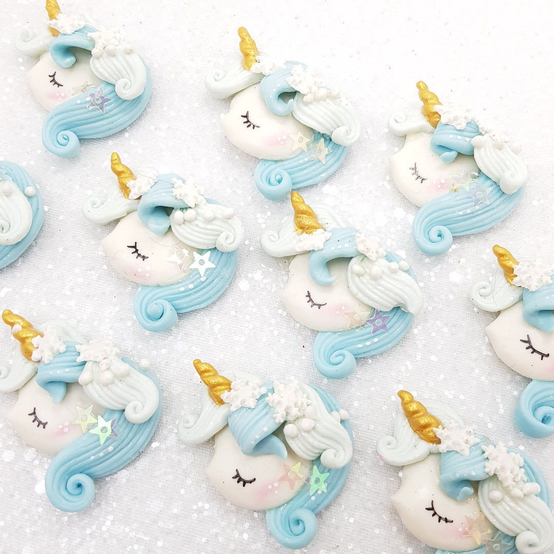 Gorgeous Ice Blue Unicorn Head - Handmade Flatback Clay Bow Centre
