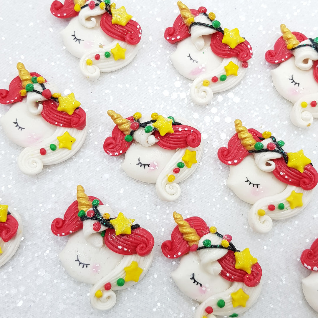 Festive Red Unicorn Head - Handmade Flatback Clay Bow Centre