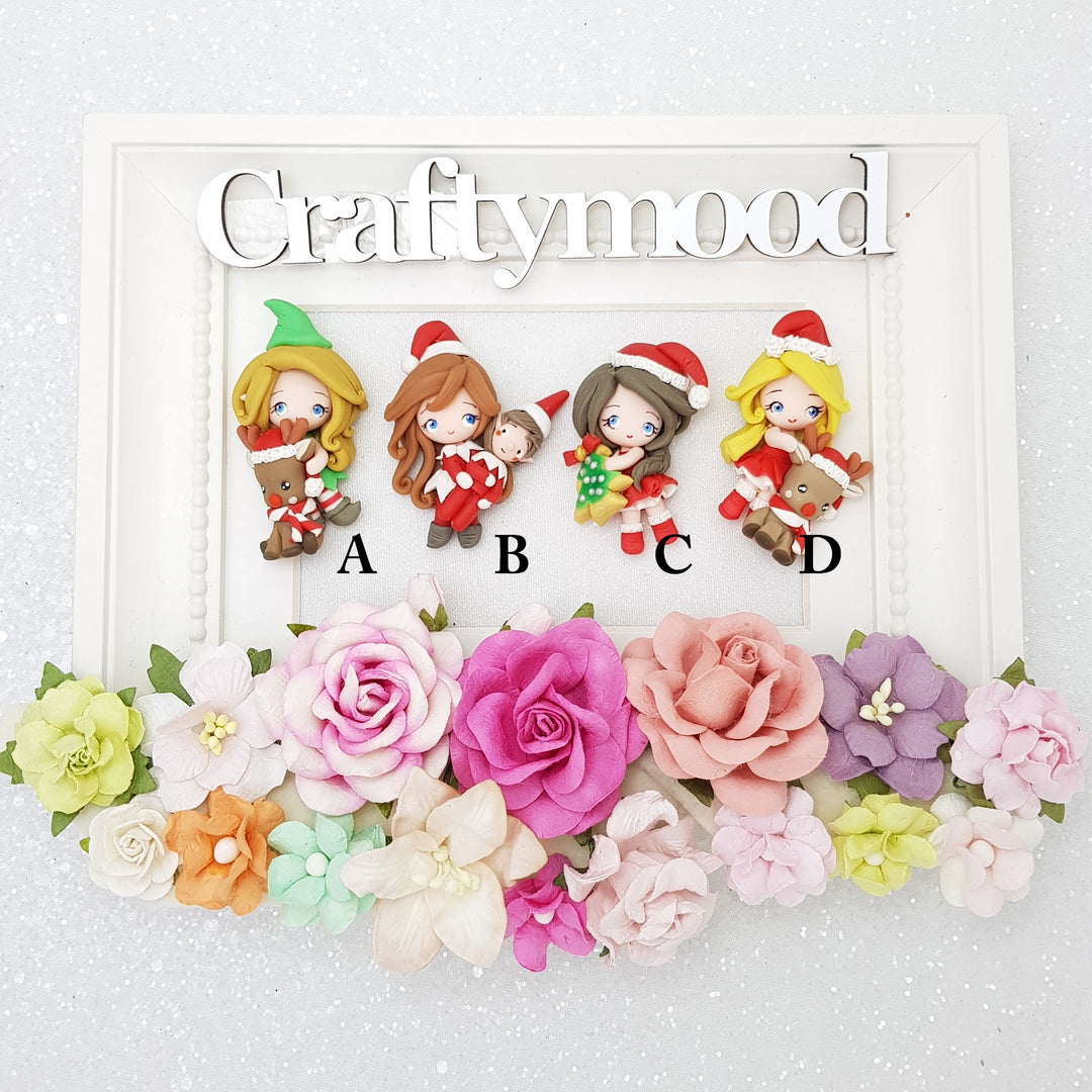 LIMITED! SET OF 4 Adorable Christmas elf girl - Handmade Flatback Clay Bow Centre