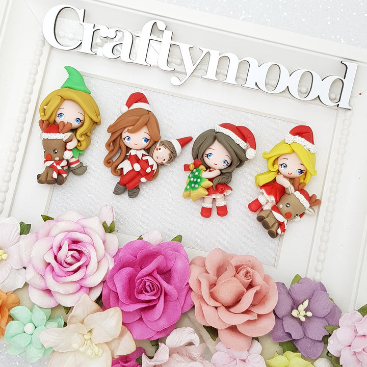 LIMITED! SET OF 4 Adorable Christmas elf girl - Handmade Flatback Clay Bow Centre