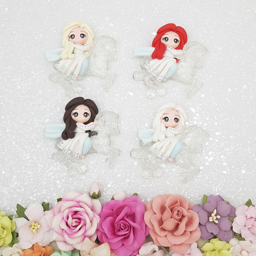 Winter princess riding ice horse - Handmade Flatback Clay Bow Centre