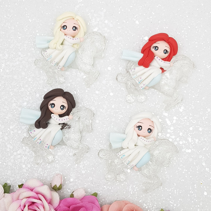 Winter princess riding ice horse - Handmade Flatback Clay Bow Centre