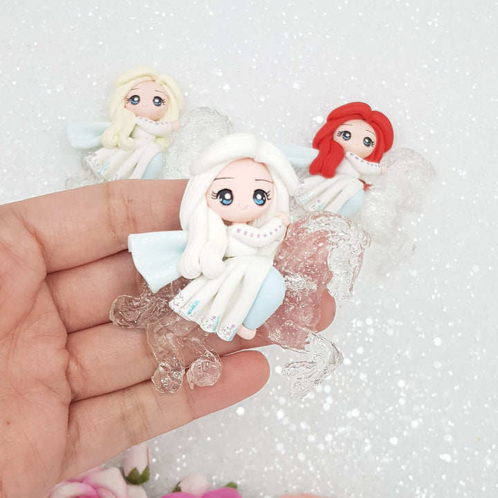 Winter princess riding ice horse - Handmade Flatback Clay Bow Centre