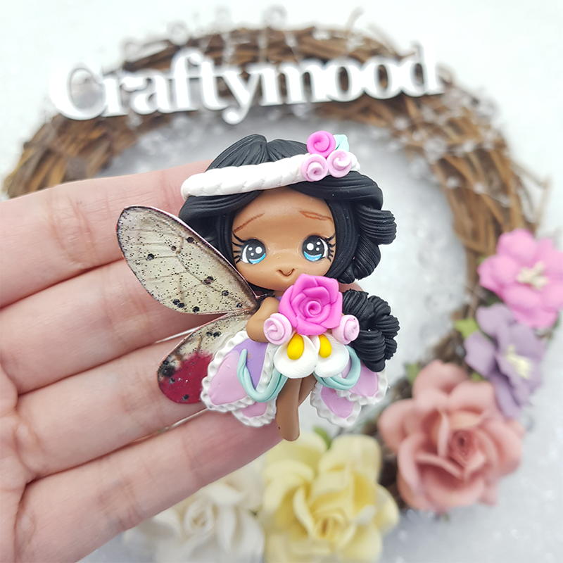 Purple butterfly fairy dark skin - Handmade Flatback Clay Bow Centre