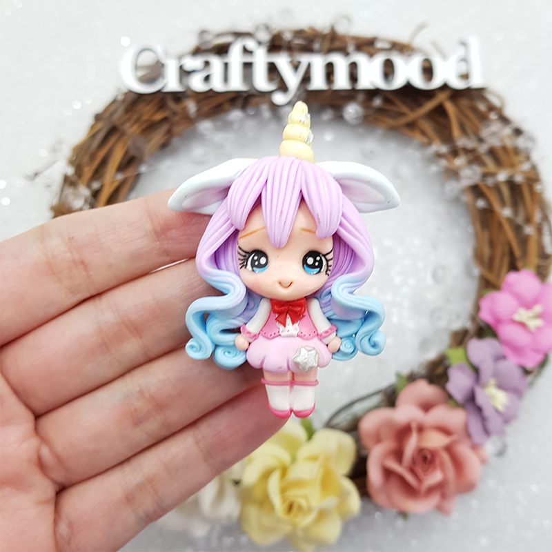 Purple blue unicorn girl - Handmade Flatback Clay Bow Centre