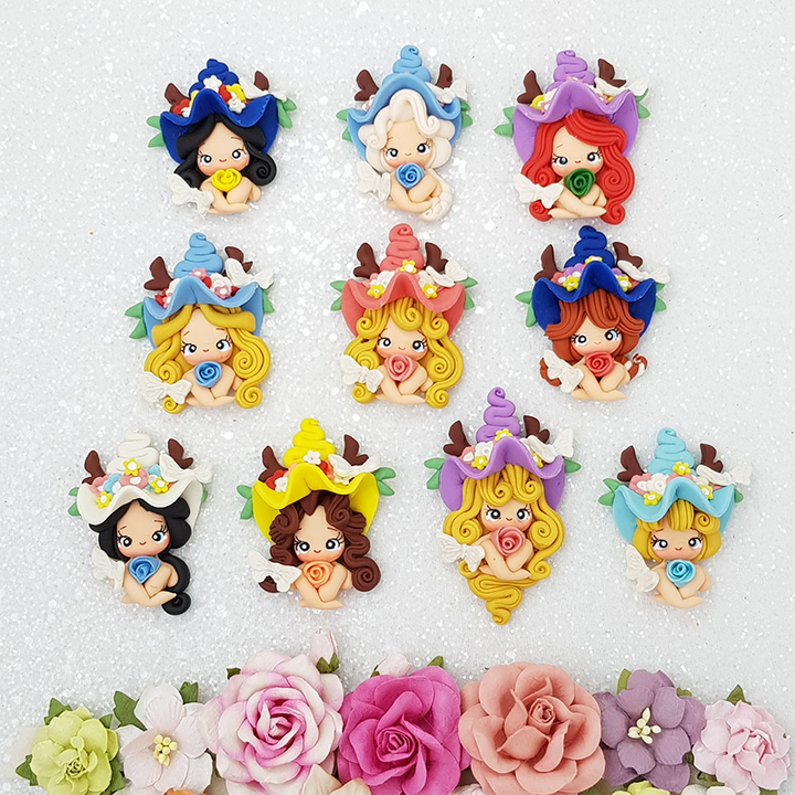 Princess in deer hat - set of 10 - Embellishment Clay Bow Centre