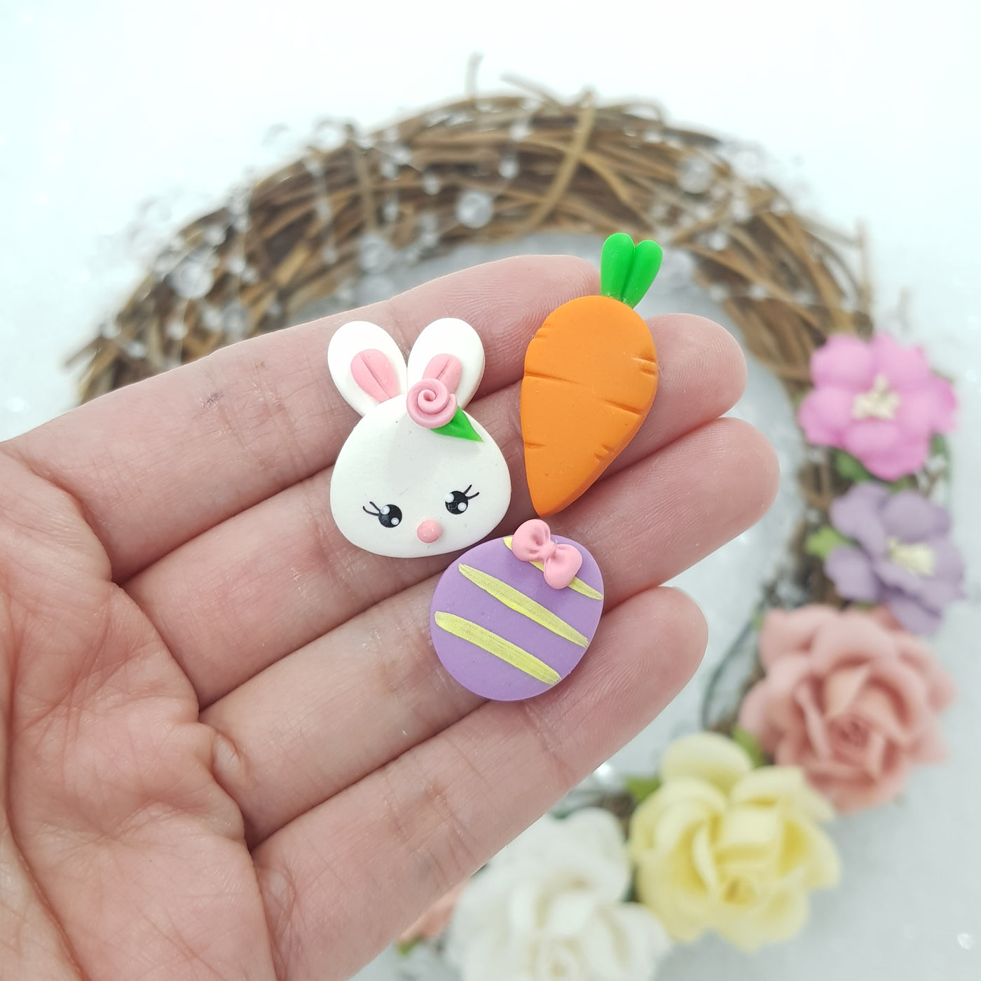 Bunny carrot easter egg - set of 3 - Embellishment Clay Bow Centre