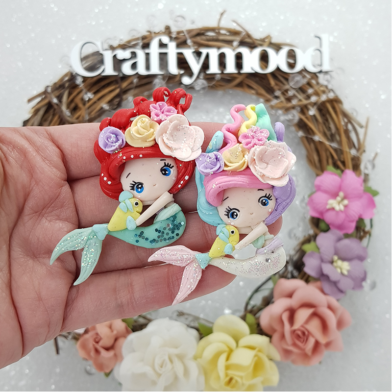 Mermaids with flowers - Handmade Flatback Clay Bow Centre