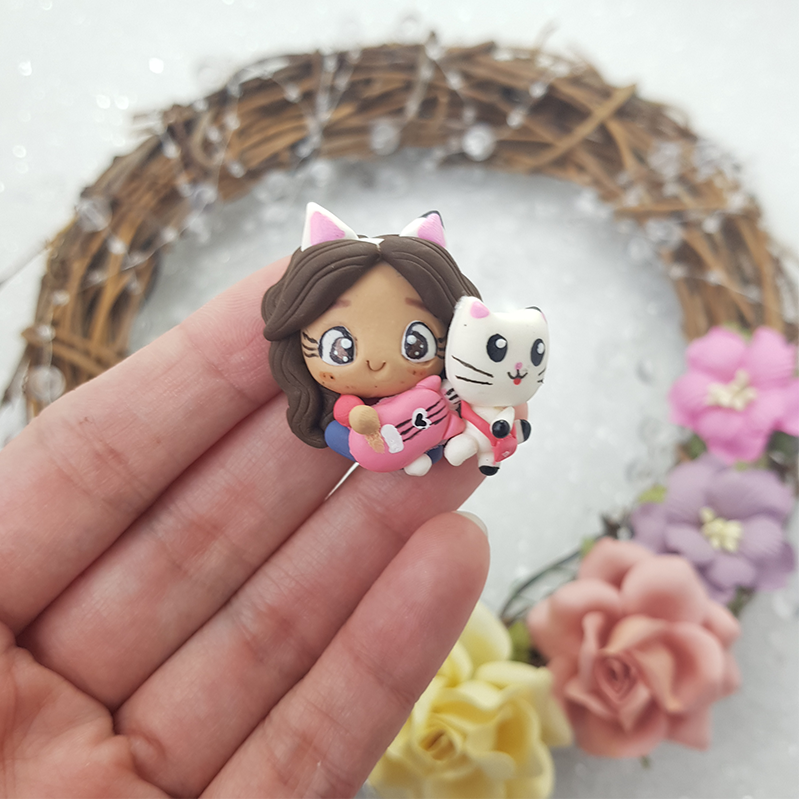 Girl and white cat - Handmade Flatback Clay Bow Centre