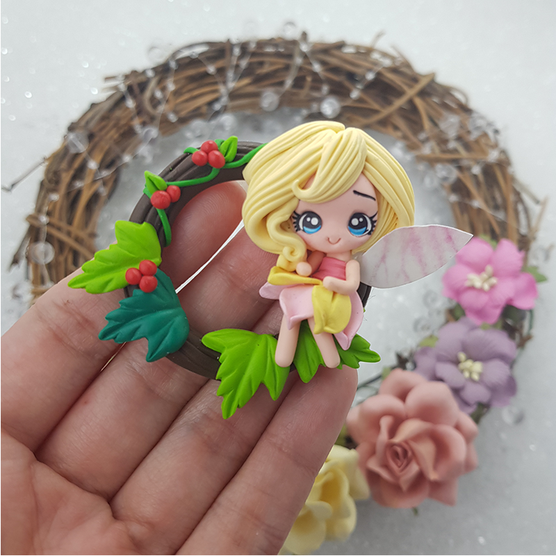 Green leave fairy - Handmade Flatback Clay Bow Centre