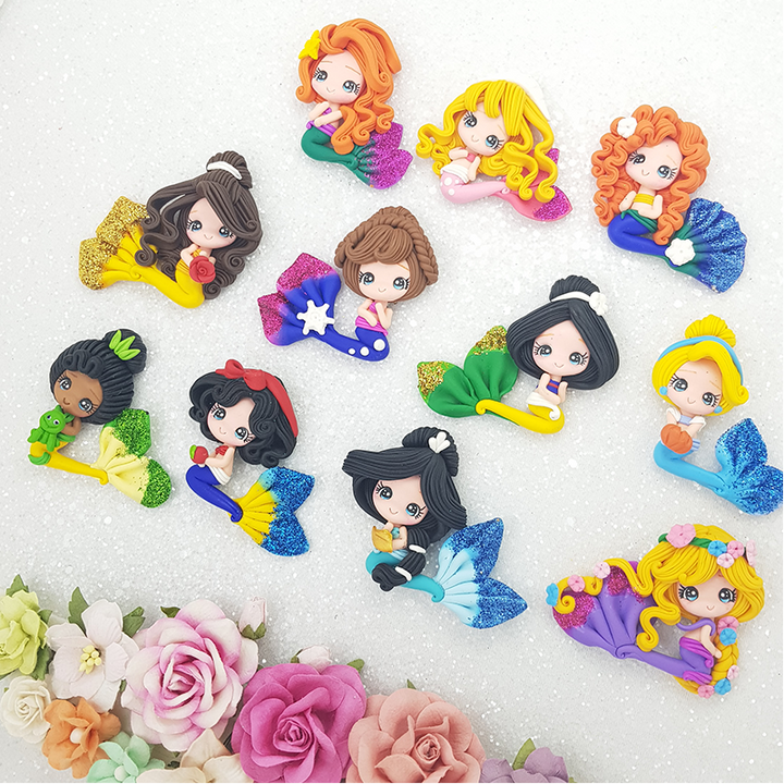 Mermaid princess friends - Handmade Flatback Clay Bow Centre