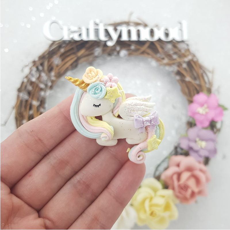 Rainbow hair sleeping unicorn- Handmade Flatback Clay Bow Centre