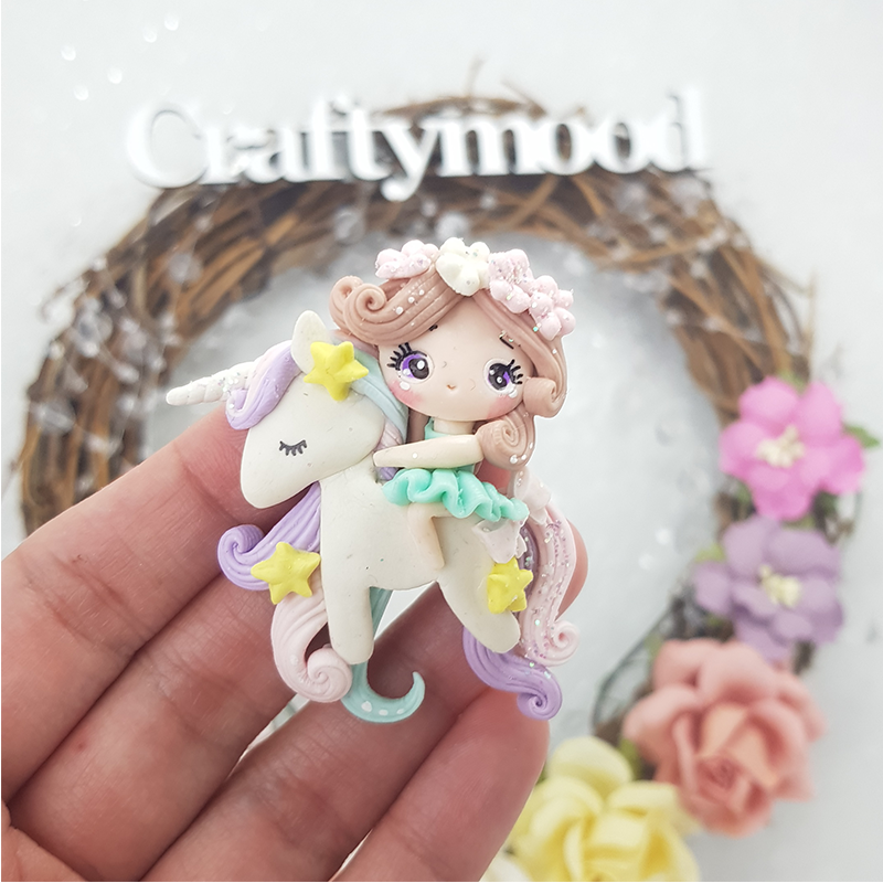 Purple mint unicorn and girl - Handmade Flatback Clay Bow Centre
