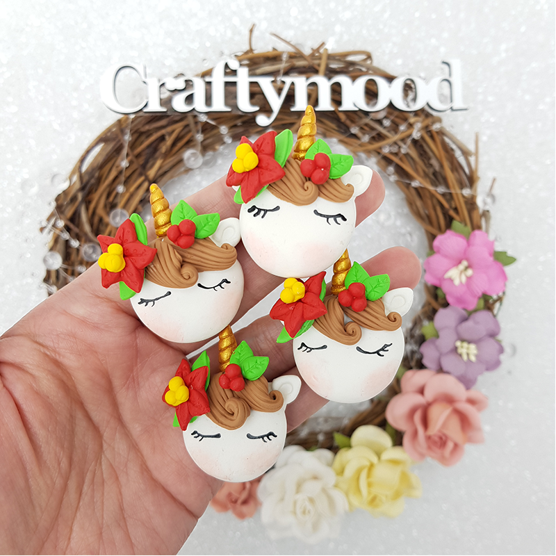 Sleepy unicorn head red green - Handmade Flatback Clay Bow Centre