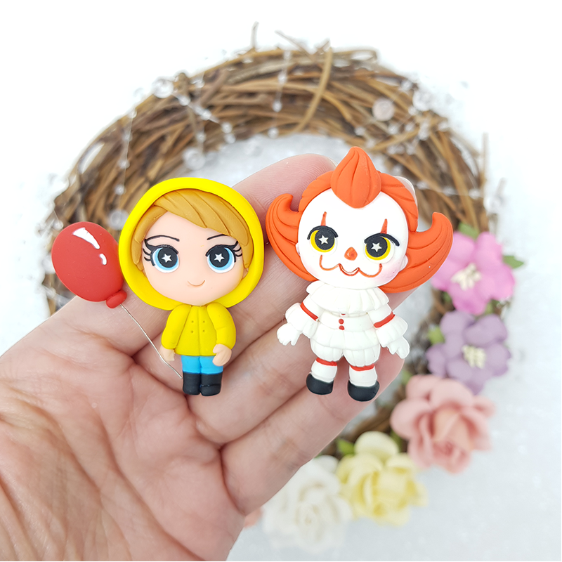 Creepy clown and boy - Handmade Flatback Clay Bow Centre