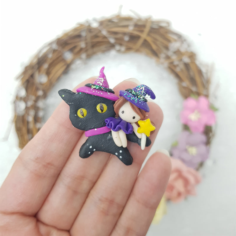 Black night cat - Handmade Flatback Clay Bow Centre