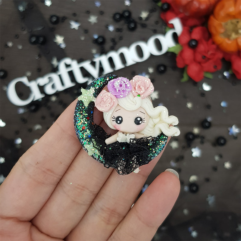 Black moon and girl - Handmade Flatback Clay Bow Centre