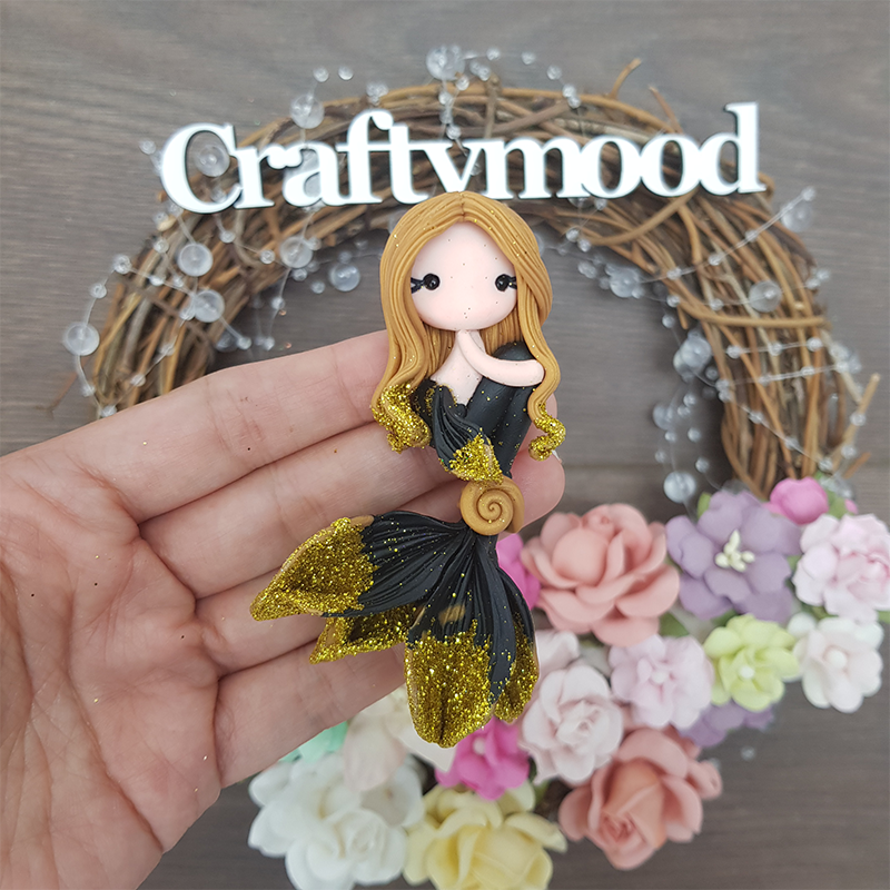 Brown black beautiful mermaid - Embellishment Clay Bow Centre