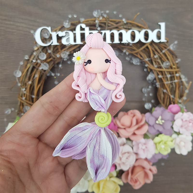Pink lilac beautiful mermaid - Handmade Flatback Clay Bow Centre