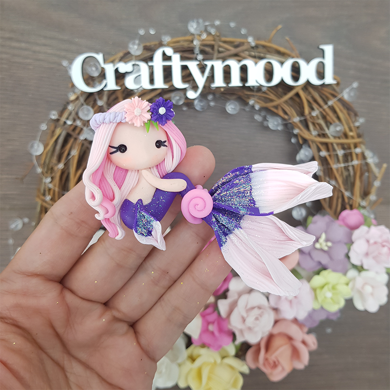 Pink purple beautiful mermaid translucent tail - Handmade Flatback Clay Bow Centre