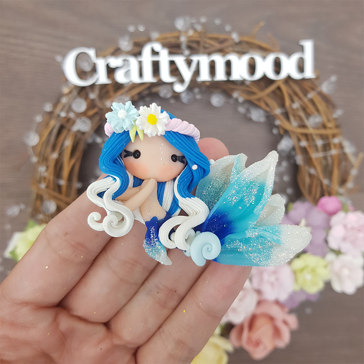 Blue hair beautiful mermaid translucent tail - Handmade Flatback Clay Bow Centre