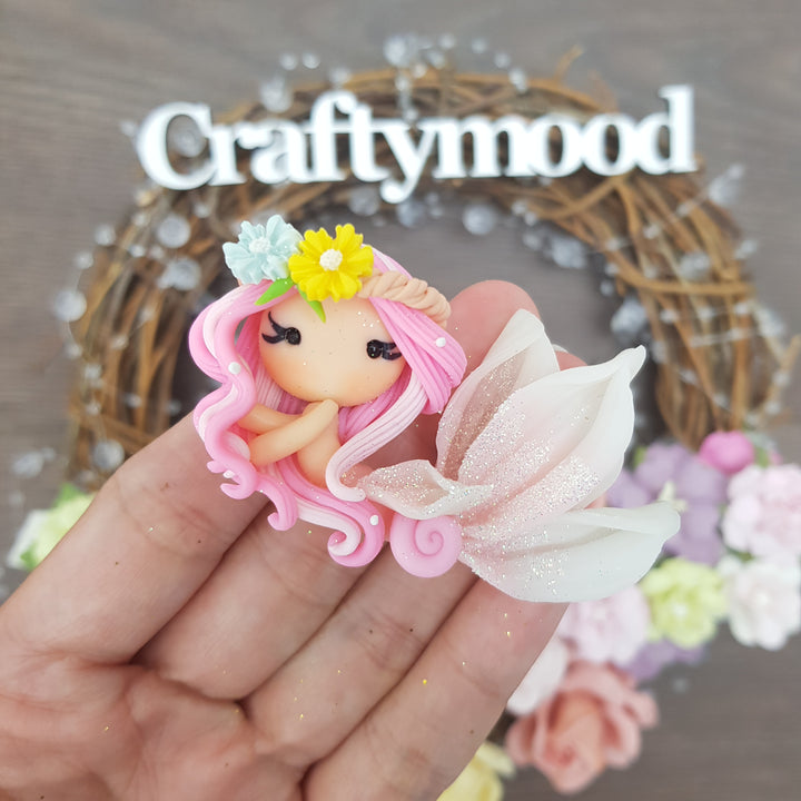 Pink beautiful mermaid translucent tail - Handmade Flatback Clay Bow Centre