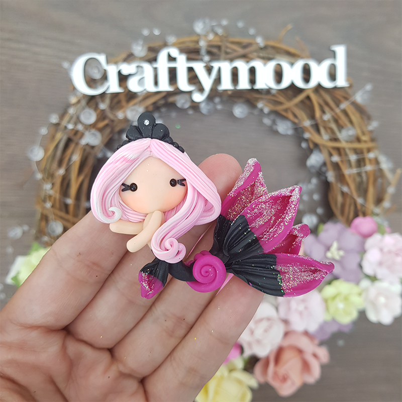 Black crown beautiful mermaid translucent tail - Handmade Flatback Clay Bow Centre