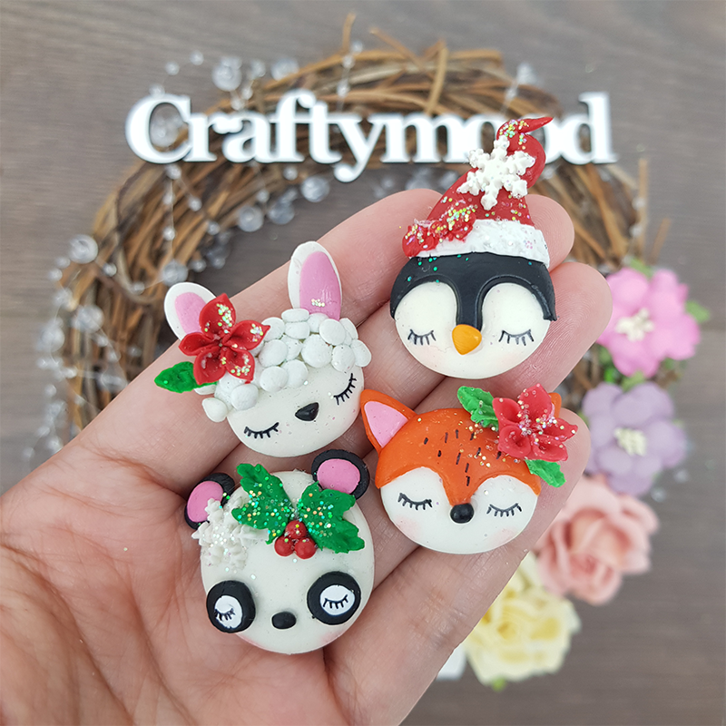 Christmas animals head - Handmade Flatback Clay Bow Centre