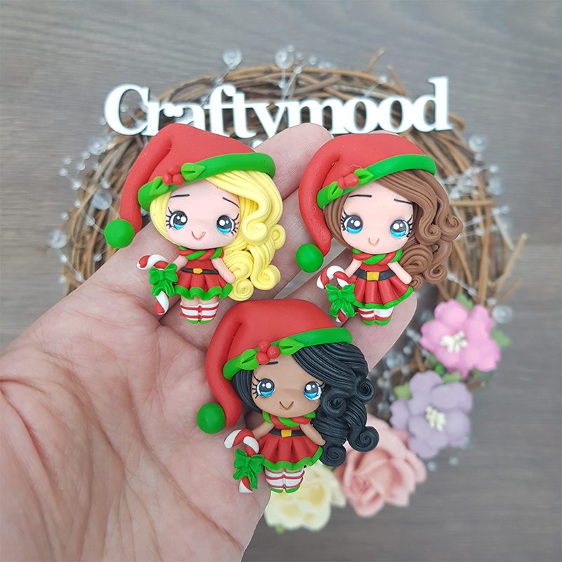 Red hat Christmas elf girls - Handmade Flatback Clay Bow Centre