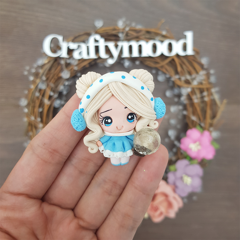Blue dress girl and snow globe - Handmade Flatback Clay Bow Centre