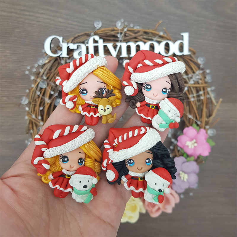 Christmas girl with deer and bear - Embellishment Clay Bow Centre