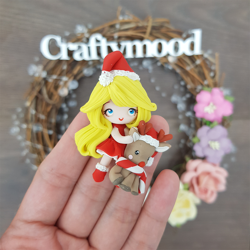 Limited blonde Christmas girl - Handmade Flatback Clay Bow Centre