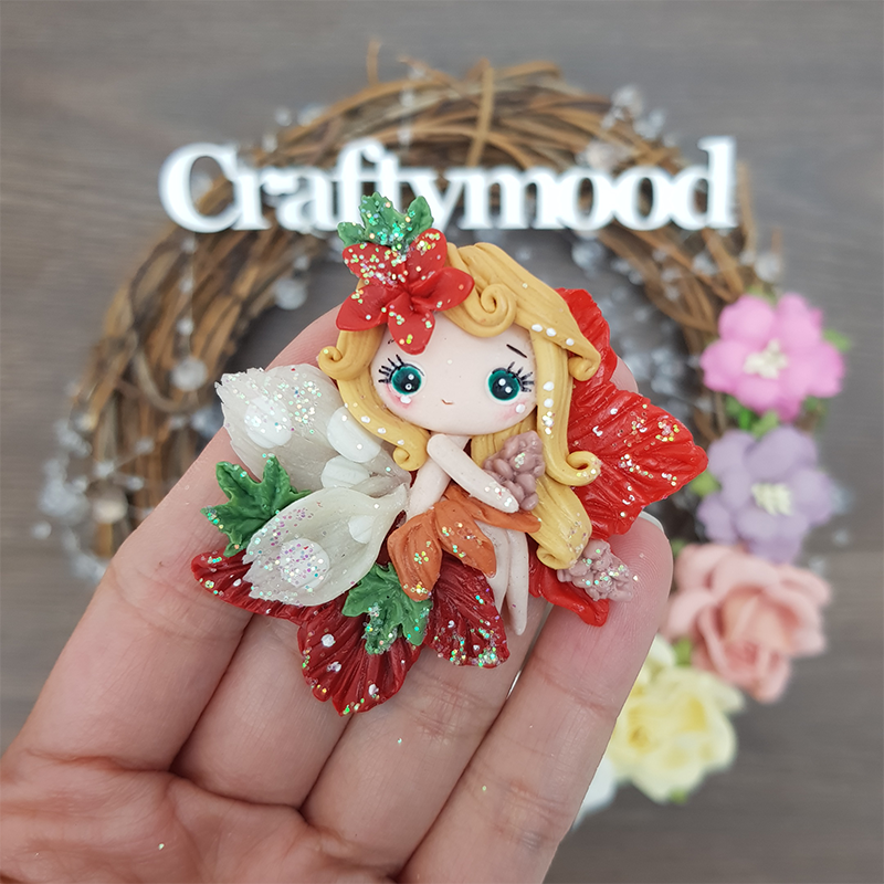 Pretty autumn red flower fairy - Handmade Flatback Clay Bow Centre