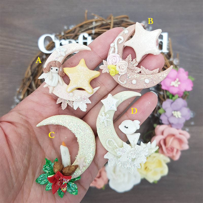 Winter crescent moon - Embellishment Clay Bow Centre