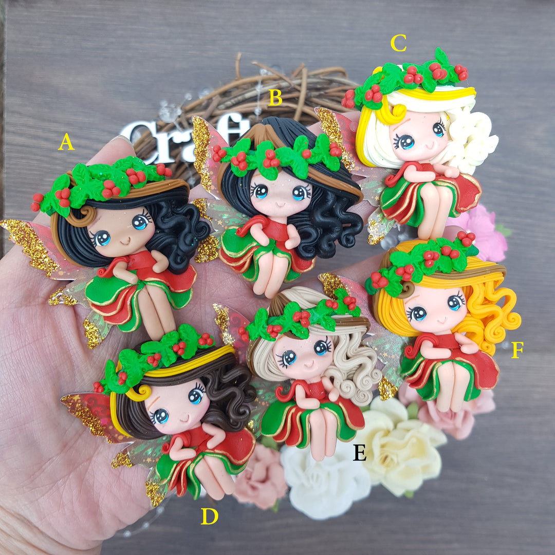 Christmas fairies with mistletoe - Handmade Flatback Clay Bow Centre