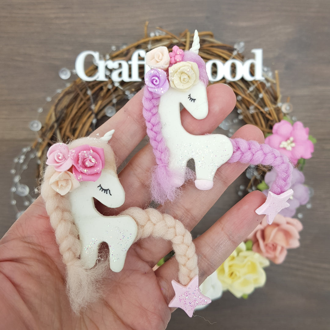 Fluffy hair unicorn - Handmade Flatback Clay Bow Centre