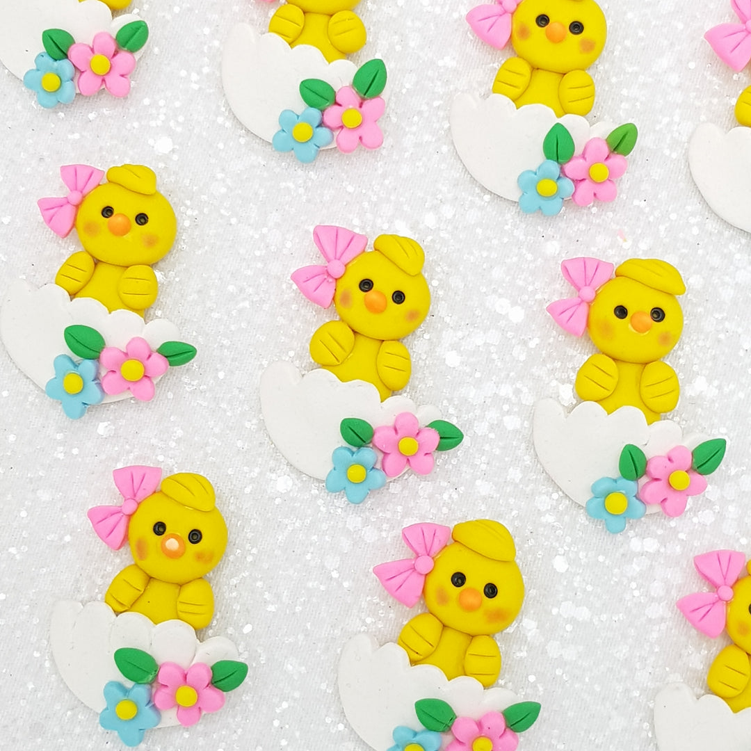 Cute Chick in Shell - Handmade Flatback Clay Bow Centre