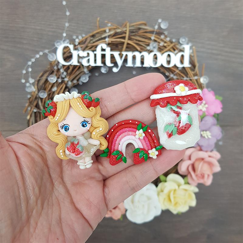Fruit girl red strawberry - Embellishment Clay Bow Centre