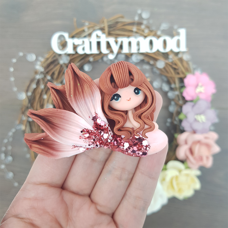 Pink brown beautiful mermaid - Handmade Flatback Clay Bow Centre
