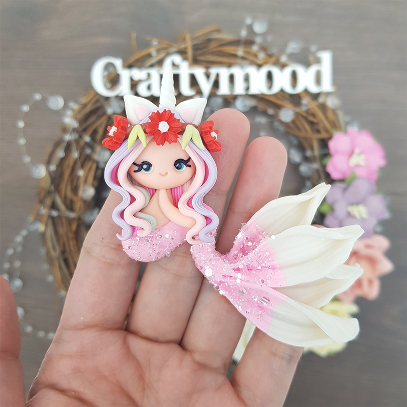 Pink lilac beautiful unimermaid - Handmade Flatback Clay Bow Centre