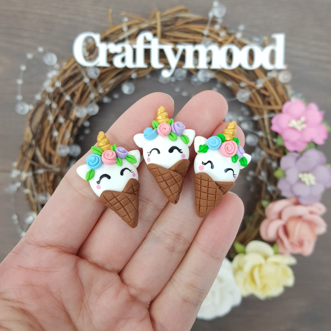 Ice Cream unicorn - Handmade Flatback Clay Bow Centre