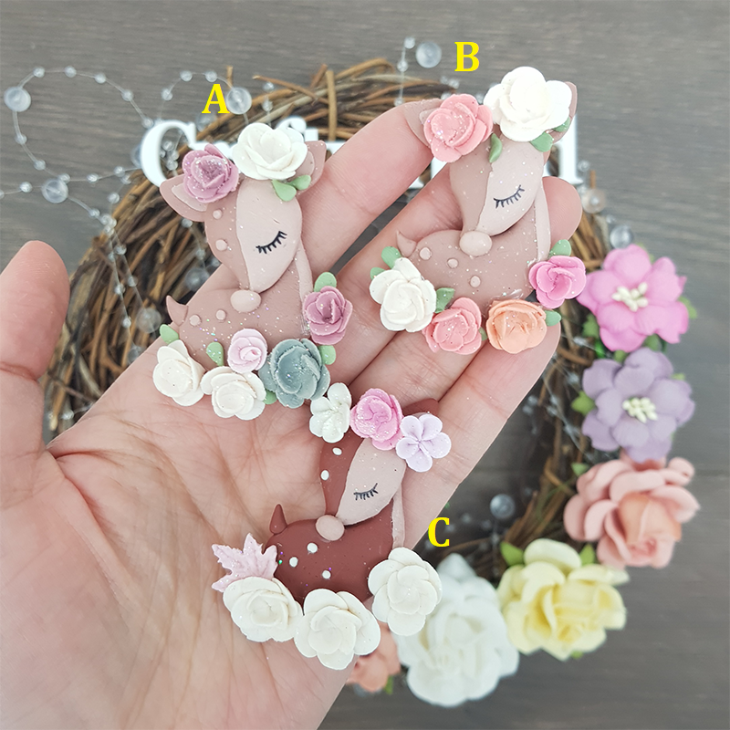 Sleeping flower deer - Handmade Flatback Clay Bow Centre