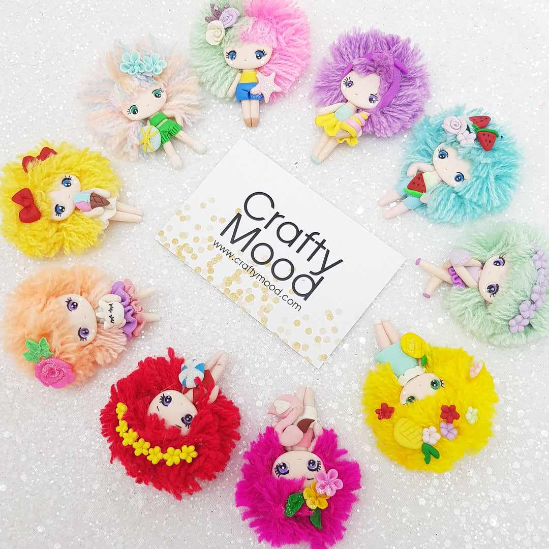 Summer fluffy hair girl- Handmade Flatback Clay Bow Centre