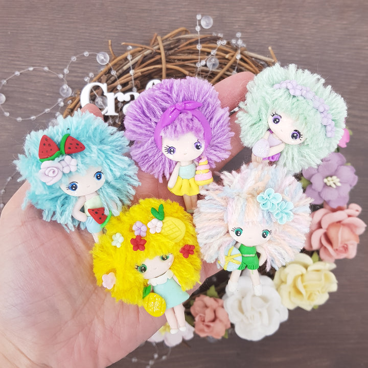 Summer fluffy hair girl- Handmade Flatback Clay Bow Centre