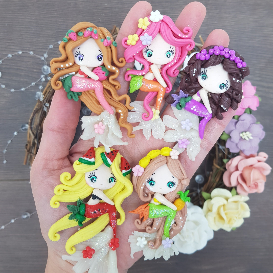 Fruit mermaid girl - Handmade Flatback Clay Bow Centre