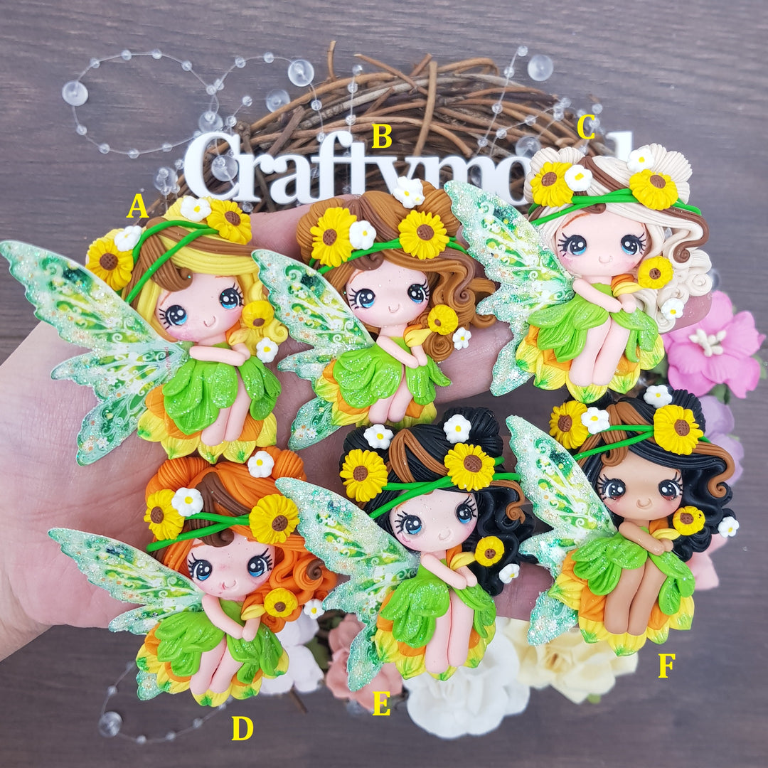 Yellow flower wreath fairy - Handmade Flatback Clay Bow Centre